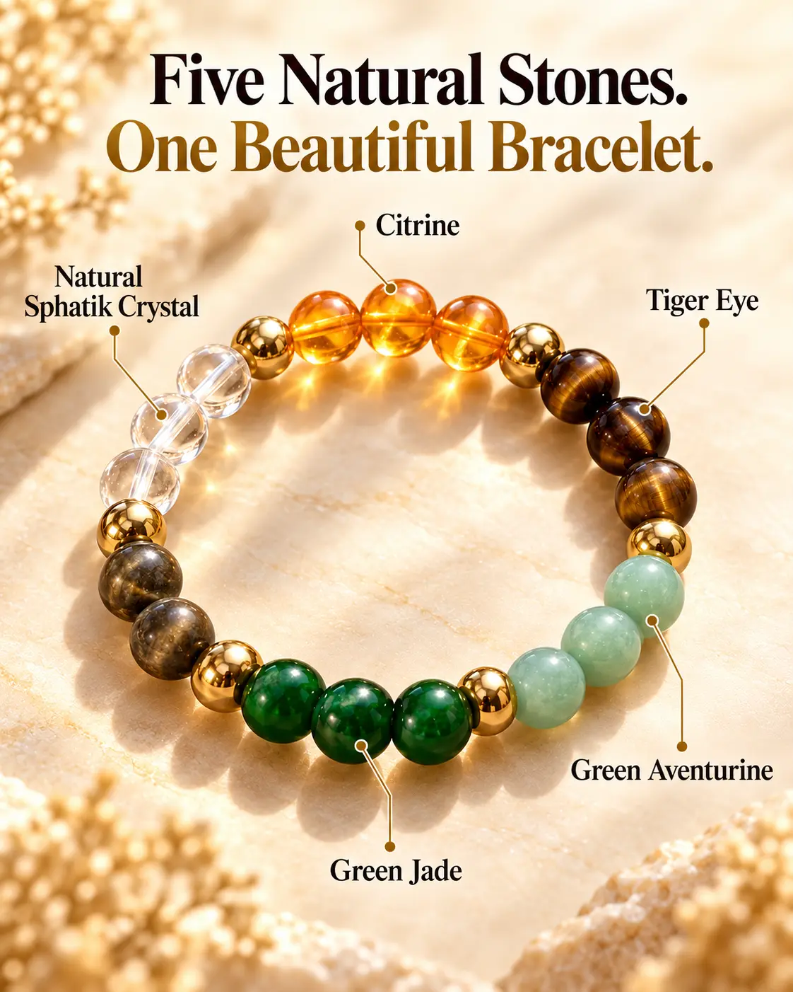Supporting Crystal Bracelet with labeled Citrine, Tiger Eye, Sphatik Crystal, Green Aventurine and Green Jade stones